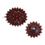 TWO ANTIQUE GARNET BROOCHES one set all over with rose cut garnets and a sunburst brooch set with