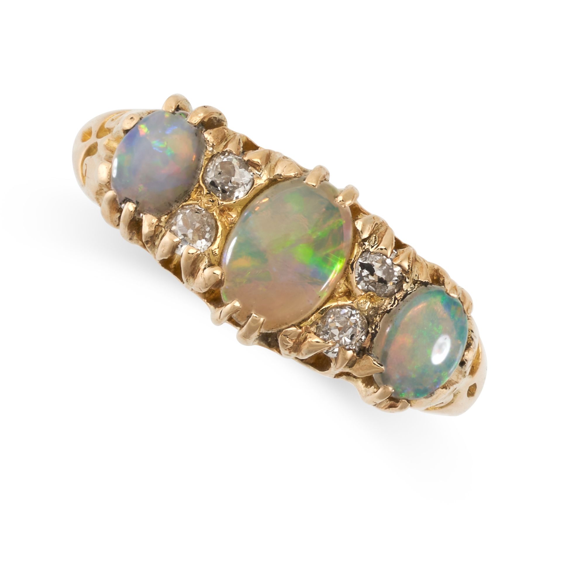 AN ANTIQUE OPAL AND DIAMOND DRESS RING, 1901 in 18ct yellow gold, set with a trio of graduated