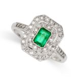 AN EMERALD AND DIAMOND DRESS RING in 18ct white gold, set with an emerald cut emerald, within a