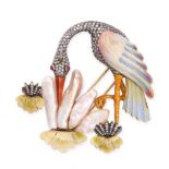 A PEARL, DIAMOND AND ENAMEL CRANE BROOCH in 18ct yellow gold and silver, depicting a crane,