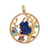 A LAPIS LAZULI, DIAMOND, RUBY AND TURQUOISE PENDANT, MARSHAK in 18ct yellow gold, designed as a