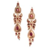 A PAIR OF ANTIQUE CATALAN RED PASTE EARRINGS in yellow gold, the articulated bodies set throughout