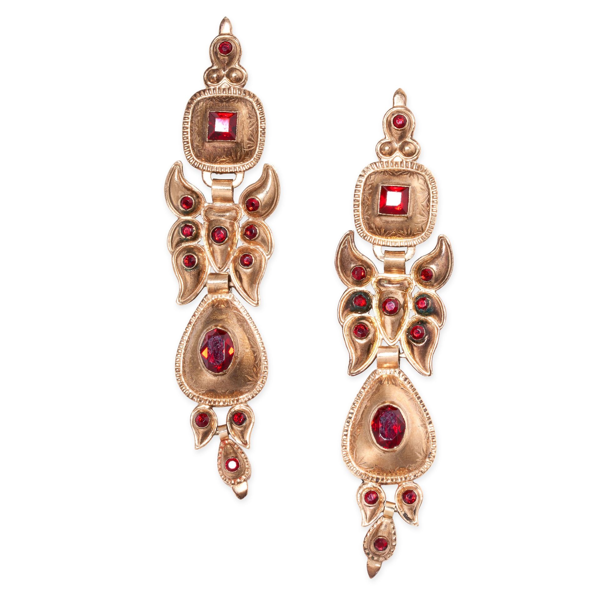 A PAIR OF ANTIQUE CATALAN RED PASTE EARRINGS in yellow gold, the articulated bodies set throughout