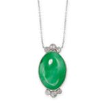 A NATURAL JADEITE JADE AND DIAMOND PENDANT NECKLACE in platinum and 18ct white gold, set with an