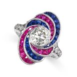 A DIAMOND, RUBY AND SAPPHIRE RING in 18ct white gold, set with a round cut diamond of 1.19 carats,