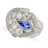 A VINTAGE SAPPHIRE AND DIAMOND COCKTAIL RING set with a kite shaped step cut blue sapphire