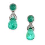 A PAIR OF EMERALD AND DIAMOND DROP EARRINGS in 18ct white gold, each set with a polished drop shaped