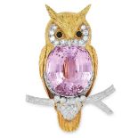 A FABULOUS KUNZITE AND DIAMOND OWL BROOCH, CIRCA 1975 in 18ct yellow gold, designed as a long-