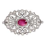 A 6.19 CARAT BURMA NO HEAT RUBY AND DIAMOND BROOCH set with a cushion cut ruby of 6.19 carats,