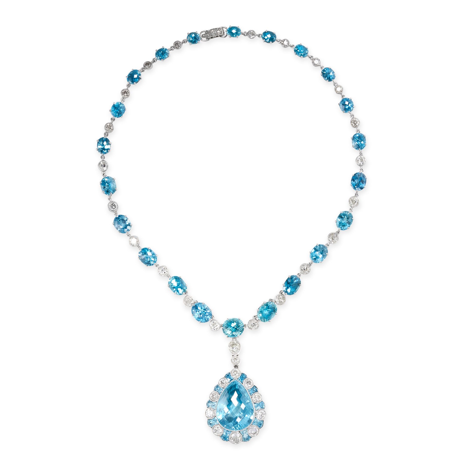 A BLUE ZIRCON AND DIAMOND PENDANT NECKLACE in 18ct white gold, the pendant set with a fancy pear cut