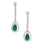 A PAIR OF EMERALD AND DIAMOND EARRINGS in 18ct white gold, each set with a polished drop shaped