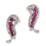 A PAIR OF BURMA NO HEAT RUBY AND DIAMOND CLIP EARRINGS of scrolling design, each set with five