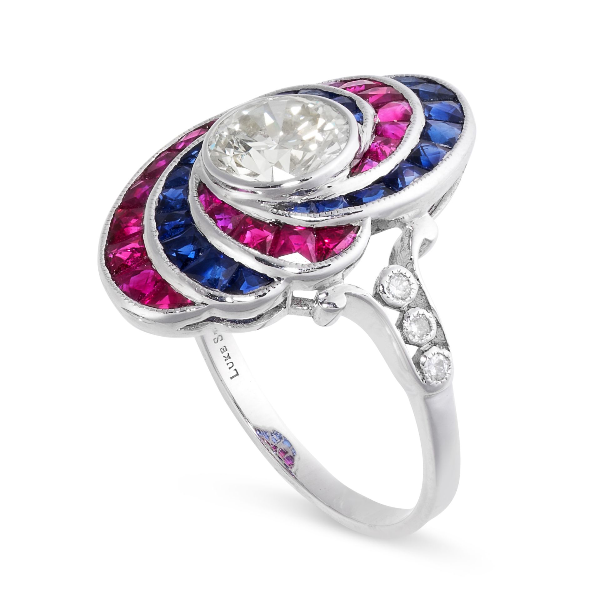 A DIAMOND, RUBY AND SAPPHIRE RING in 18ct white gold, set with a round cut diamond of 1.19 carats, - Bild 2 aus 2
