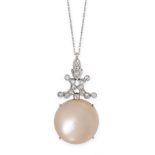 A MOONSTONE AND DIAMOND PENDANT AND CHAIN in 18ct white gold, set with a round cabochon moonstone of