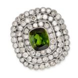 A GREEN TOURMALINE AND DIAMOND BROOCH, CIRCA 1930 set with a cushion cut green tourmaline of 5.50