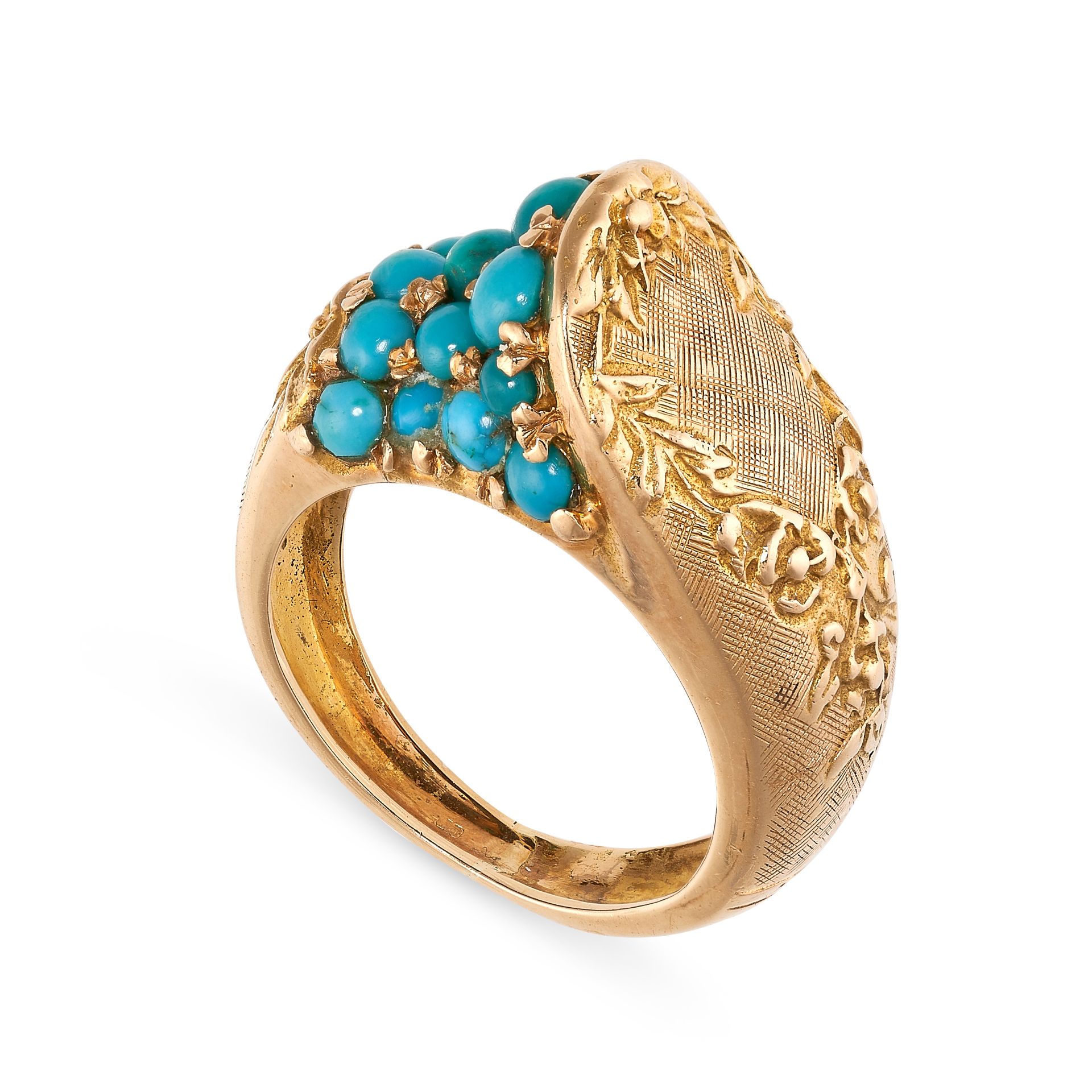 A TURQUOISE DRESS RING in 18ct yellow gold, the stylised body set with round cabochon turquoise, - Bild 2 aus 2