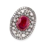 A BURMA NO HEAT RUBY AND DIAMOND RING in 18ct gold, set with a cushion cut ruby of 3.72 carats,