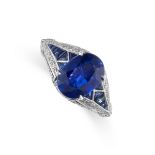 A SAPPHIRE AND DIAMOND DRESS RING in 18ct white gold, set with an oval cut blue sapphire of 2.86