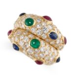 A VINTAGE RUBY, EMERALD, SAPPHIRE AND DIAMOND RING, ANDRE VASSORT FOR FRED PARIS in 18ct yellow