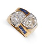 A RETRO DIAMOND AND SAPPHIRE RING in yellow gold, the face formed of two demilune segments, each set