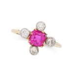 AN ANTIQUE BURMA NO HEAT PINK SAPPHIRE AND DIAMOND RING in 18ct yellow gold, set with an emerald cut