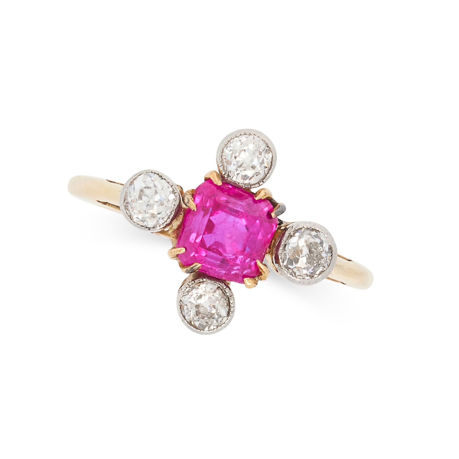 AN ANTIQUE BURMA NO HEAT PINK SAPPHIRE AND DIAMOND RING in 18ct yellow gold, set with an emerald cut