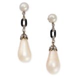 AN IMPORTANT PAIR OF NATURAL PEARL AND DIAMOND EARRINGS each set with a drop shaped pearl of 16.
