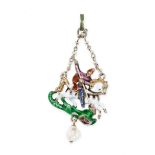 AN ENAMEL AND PEARL ST GEORGE AND THE DRAGON PENDANT designed to depict George on horseback, slaying