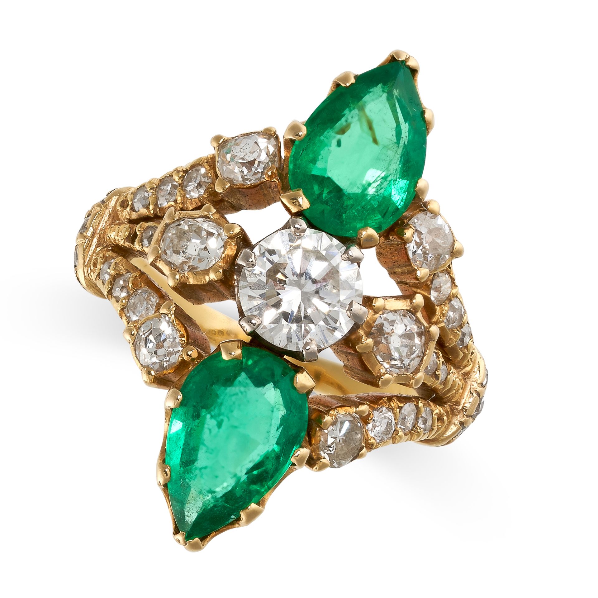 A COLOMBIAN EMERALD AND DIAMOND RING in 18ct yellow gold, set with two pear cut emeralds, both