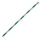 A FINE EMERALD AND DIAMOND LINE BRACELET in platinum, set throughout with a single row,