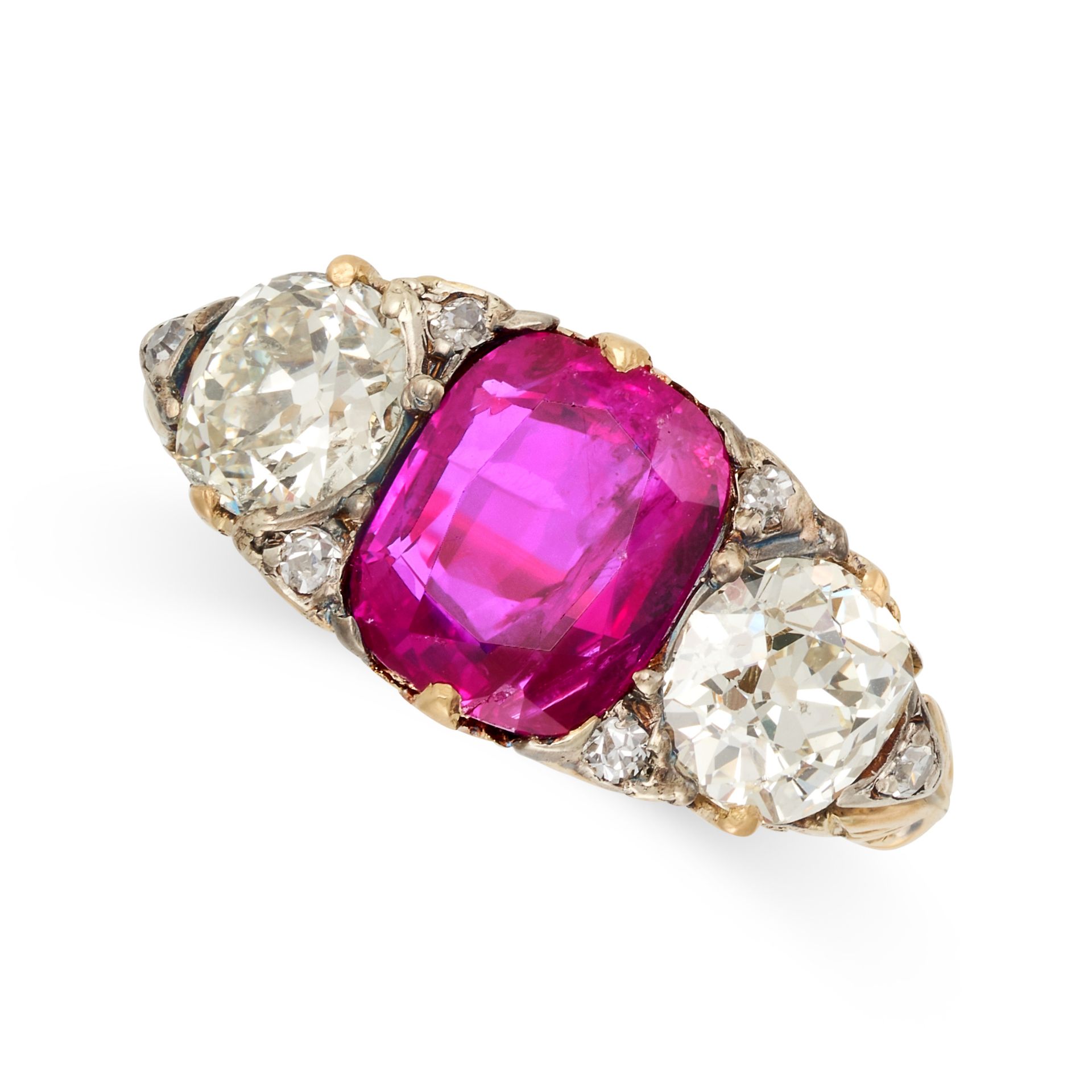 A BURMA NO HEAT RUBY AND DIAMOND RING in 18ct yellow gold, set with a cushion cut ruby of 2.96