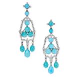 A PAIR OF TURQUOISE AND DIAMOND CHANDELIER EARRINGS in platinum, the articulated bodies set with