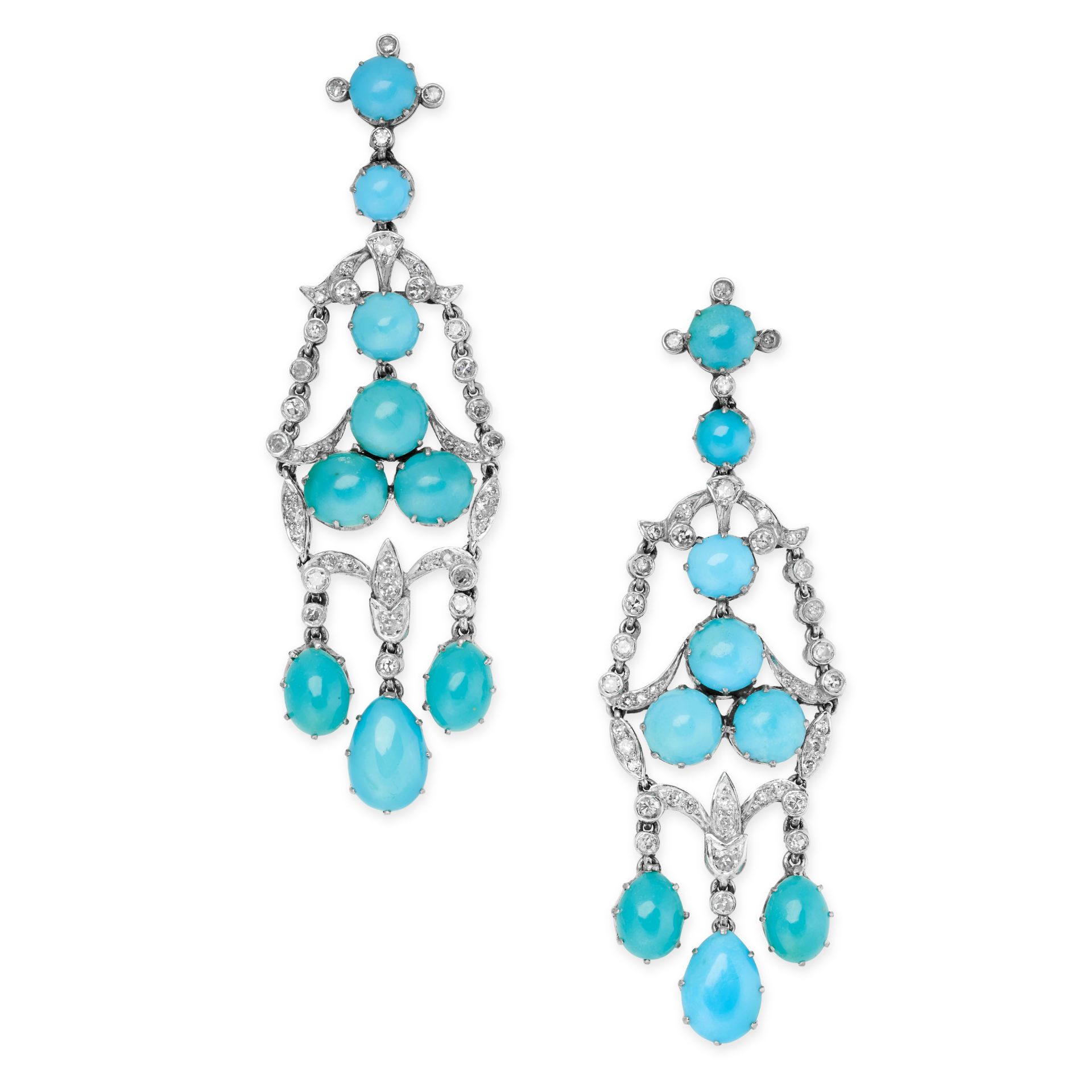 A PAIR OF TURQUOISE AND DIAMOND CHANDELIER EARRINGS in platinum, the articulated bodies set with