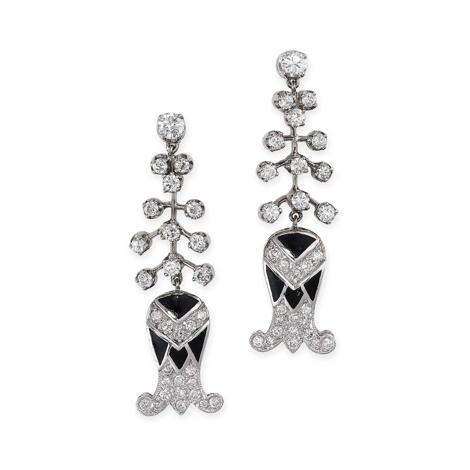 A PAIR OF ART DECO-STYLE ENAMEL AND DIAMOND DROP EARRINGS each designed as a flower, the articulated