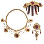 AN EXCEPTIONAL ANTIQUE GARNET PARURE, CIRCA 1870 in 18ct yellow gold, comprising a necklace,