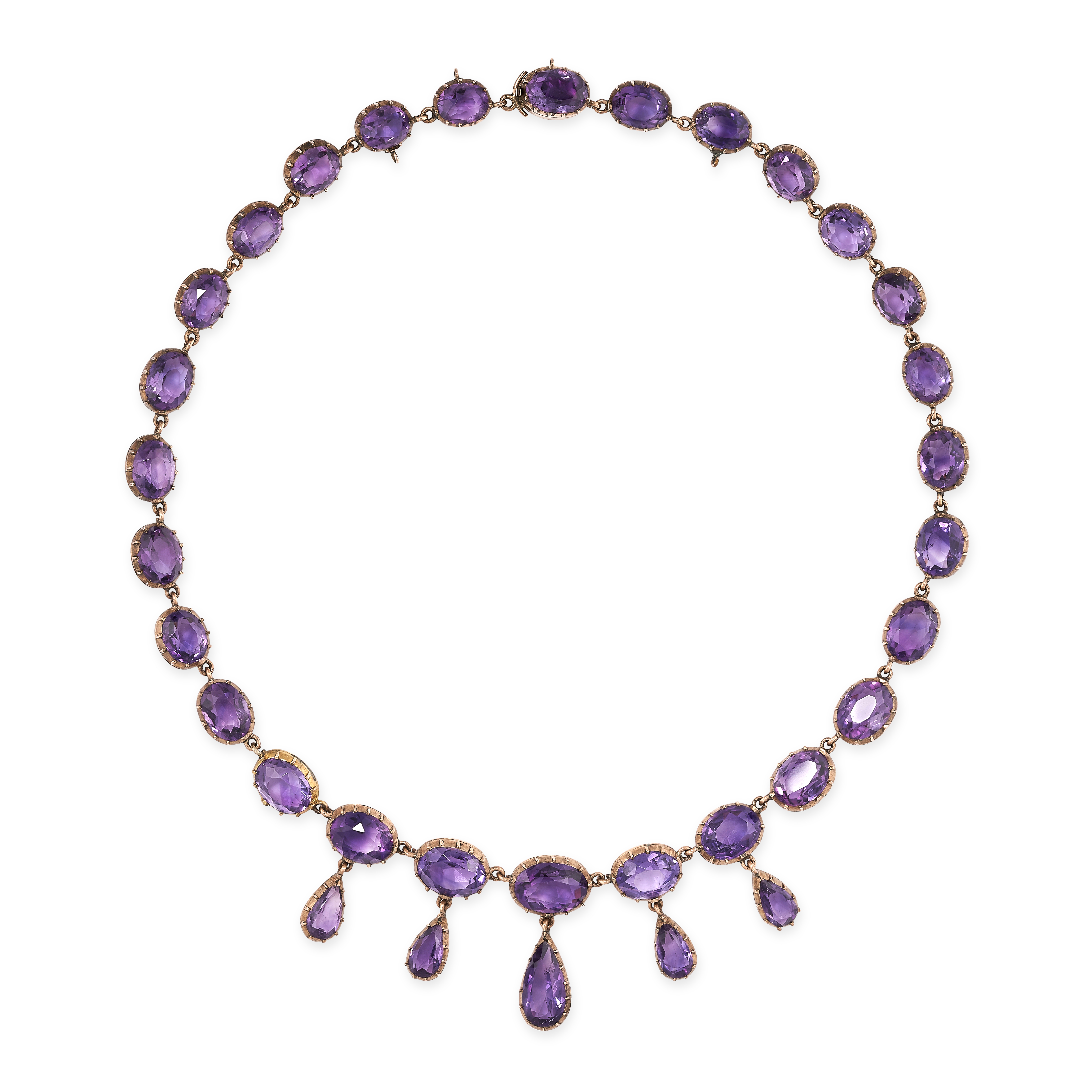 A FINE ANTIQUE AMETHYST RIVIERE NECKLACE, 19TH CENTURY in yellow gold, comprising a single row of