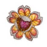 A RUBY, DIAMOND AND PLIQUE-A-JOUR ENAMEL FLOWER BROOCH in 18ct yellow gold and silver, designed as a