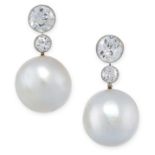 A LARGE PAIR OF NATURAL PEARL AND DIAMOND EARRINGS each set with a pearl of 11.58 and 11.62mm,