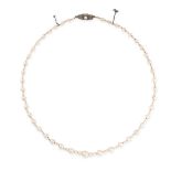 A PEARL NECKLACE in silver, comprising a single row of forty-three graduated pearls ranging 3.2-6.