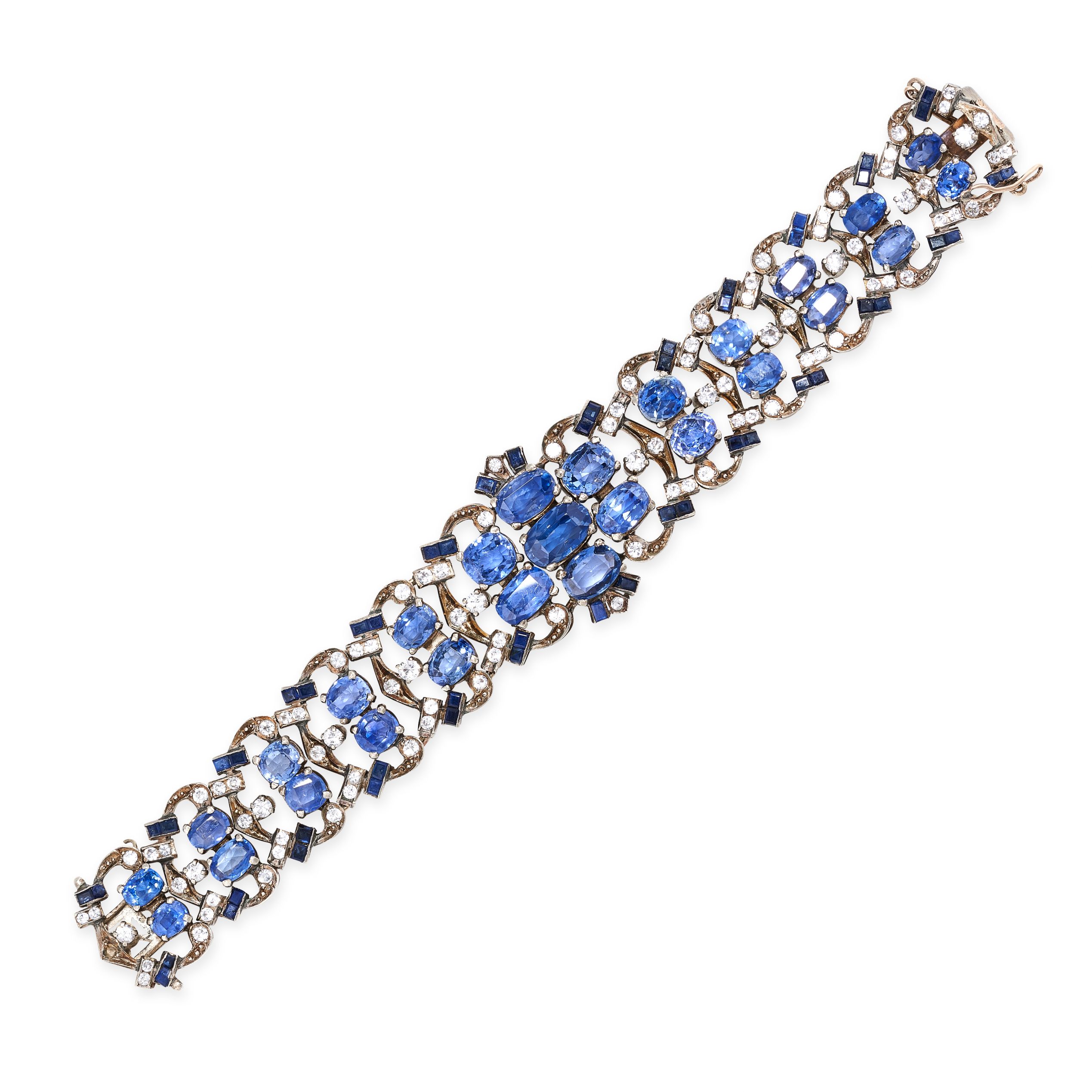 A CEYLON NO HEAT BLUE SAPPHIRE AND WHITE SAPPHIRE BRACELET the body formed of a series of openwork - Image 2 of 2