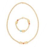 A VINTAGE CORAL AND TURQUOISE NECKLACE AND BRACELET SUITE, CARTIER in 18ct yellow gold, the necklace