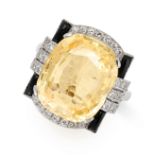 A CEYLON NO HEAT YELLOW SAPPHIRE, DIAMOND AND ONYX RING set with a cushion cut yellow sapphire of