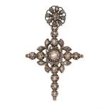 AN ANTIQUE DIAMOND CROSS PENDANT in silver, designed as a cross set with rose cut and flat cut