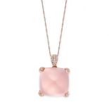 A ROSE QUARTZ AND DIAMOND PENDANT AND CHAIN in 18ct gold, set with a sugarloaf cabochon rose