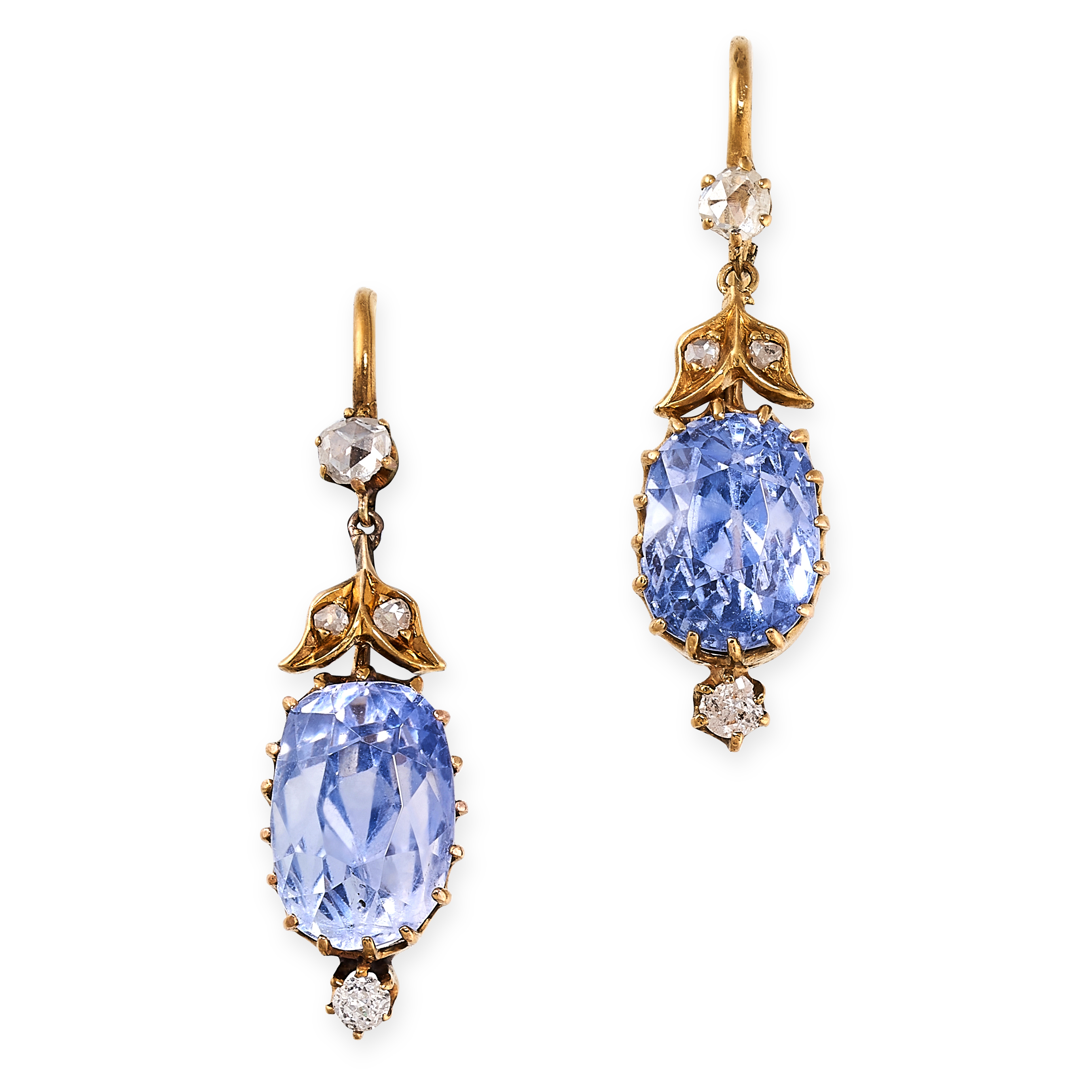 A PAIR OF CEYLON NO HEAT SAPPHIRE AND DIAMOND EARRINGS in 18ct yellow gold, each set with a