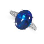 A BLACK OPAL AND DIAMOND RING in platinum, set with an oval cabochon black opal of 3.37 carats,