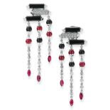 A PAIR OF RUBY, ONYX AND DIAMOND LE BAISER DU DRAGON EARRINGS, CARTIER in 18ct white gold, the