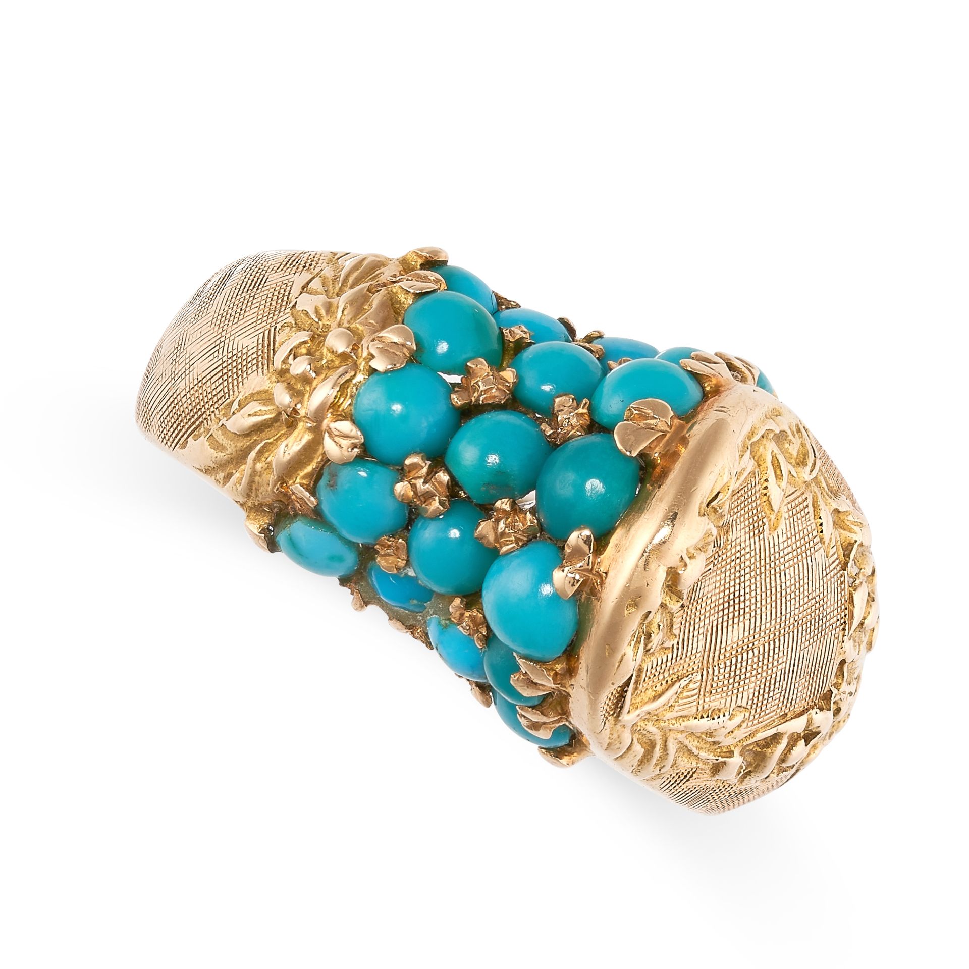 A TURQUOISE DRESS RING in 18ct yellow gold, the stylised body set with round cabochon turquoise,