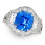 A FINE CEYLON NO HEAT SAPPHIRE AND DIAMOND RING in platinum, set with an emerald cut blue sapphire