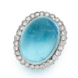 AN AQUAMARINE AND DIAMOND RING in 18ct white gold and platinum, set with an oval cabochon aquamarine